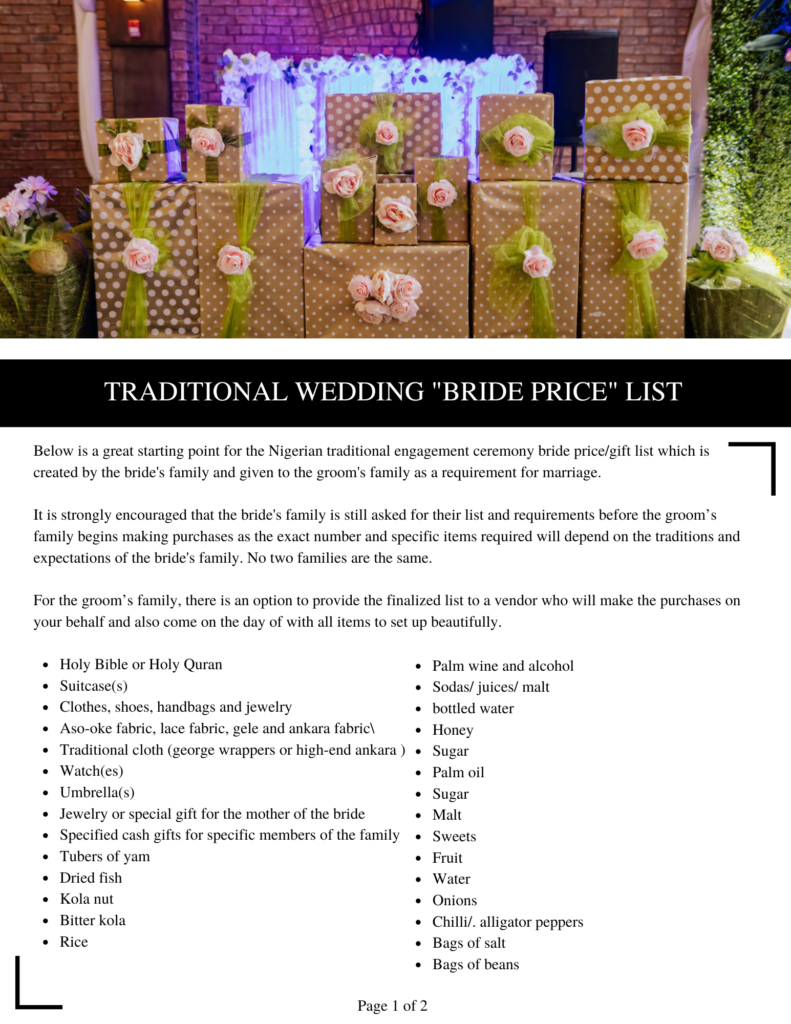 Nigerian Wedding Ceremony Traditions Bride Price List