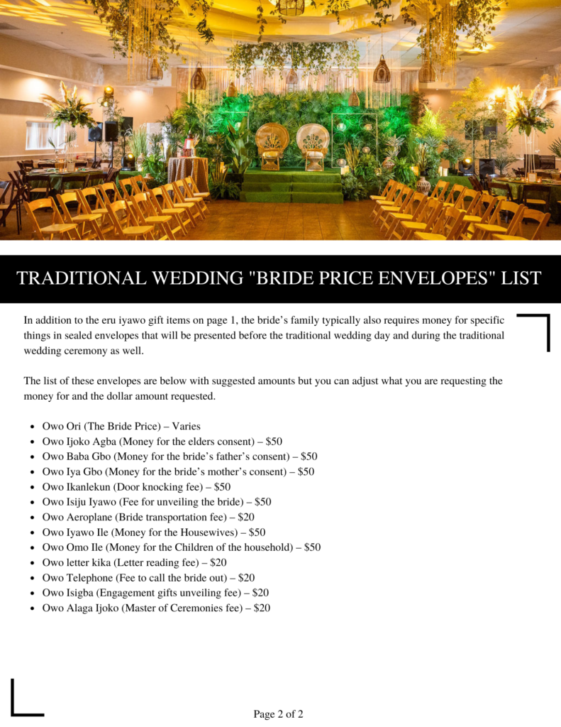 Traditional Nigerian Wedding Bride Price Envelopes List Ceremony Tradition